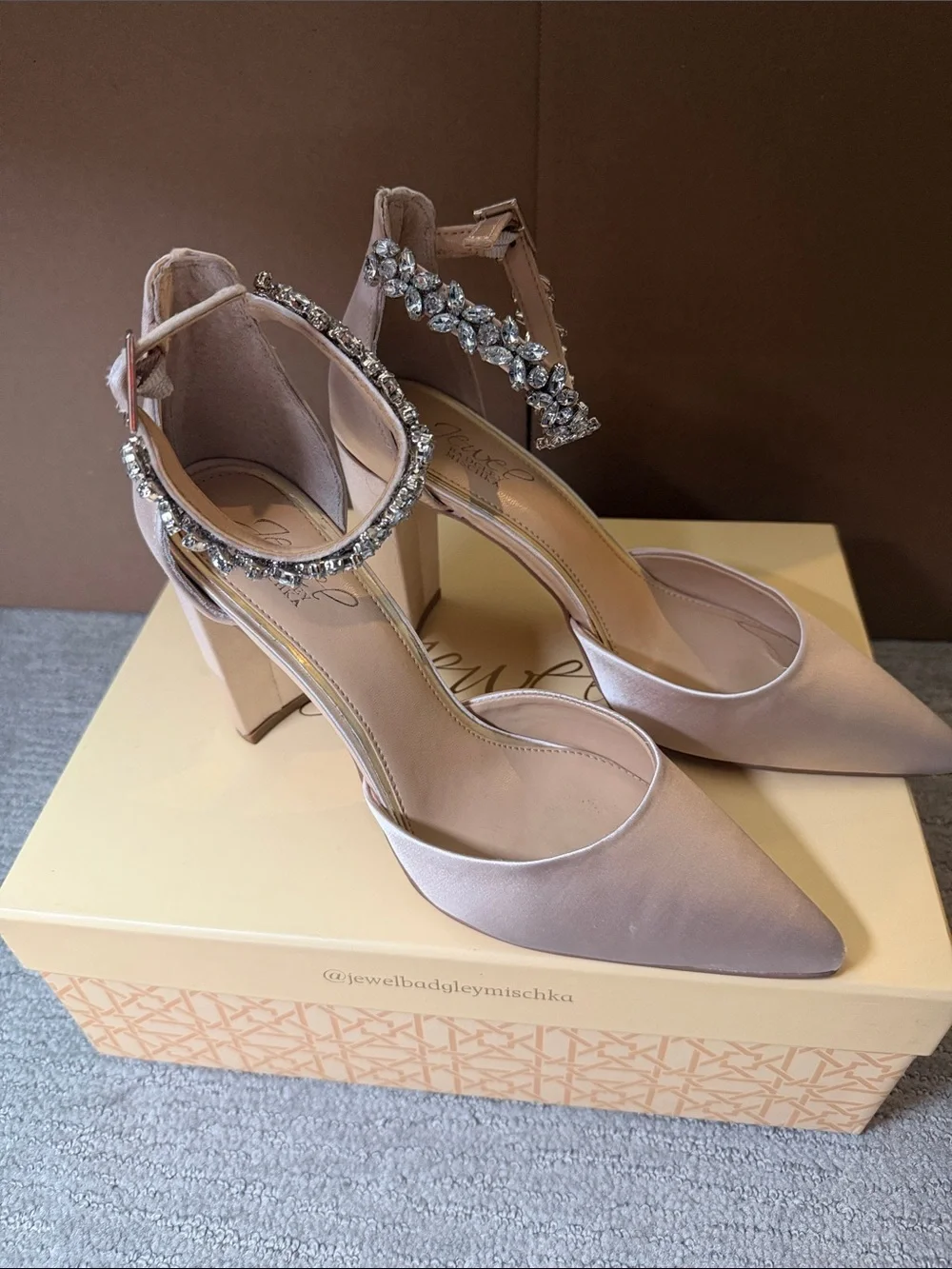 Jewel Badgley Mischka Blush Pink Satin Crystal-Ankle Heels 4 inch